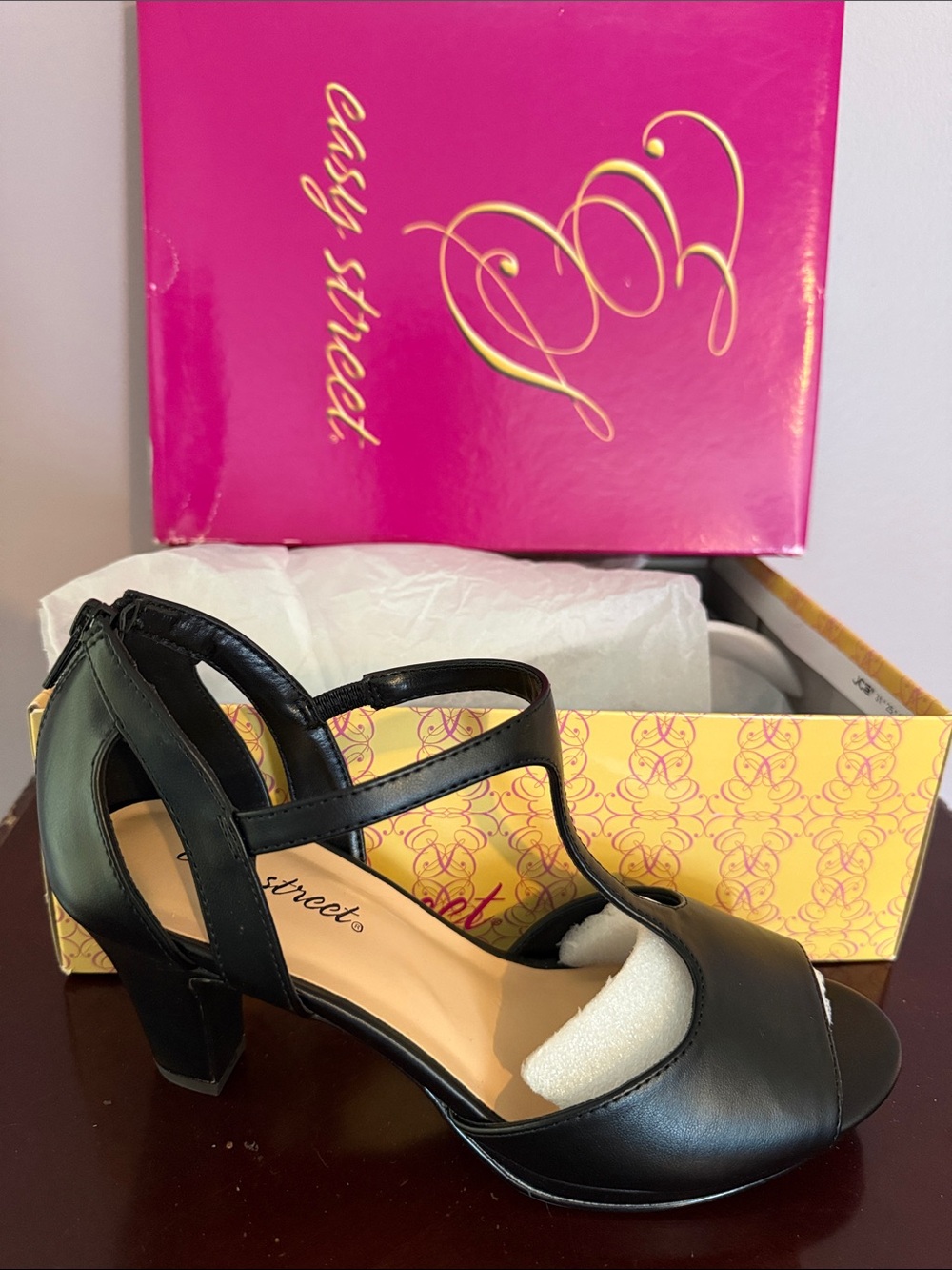 easy street Black T-Strap Block Heel Sandals